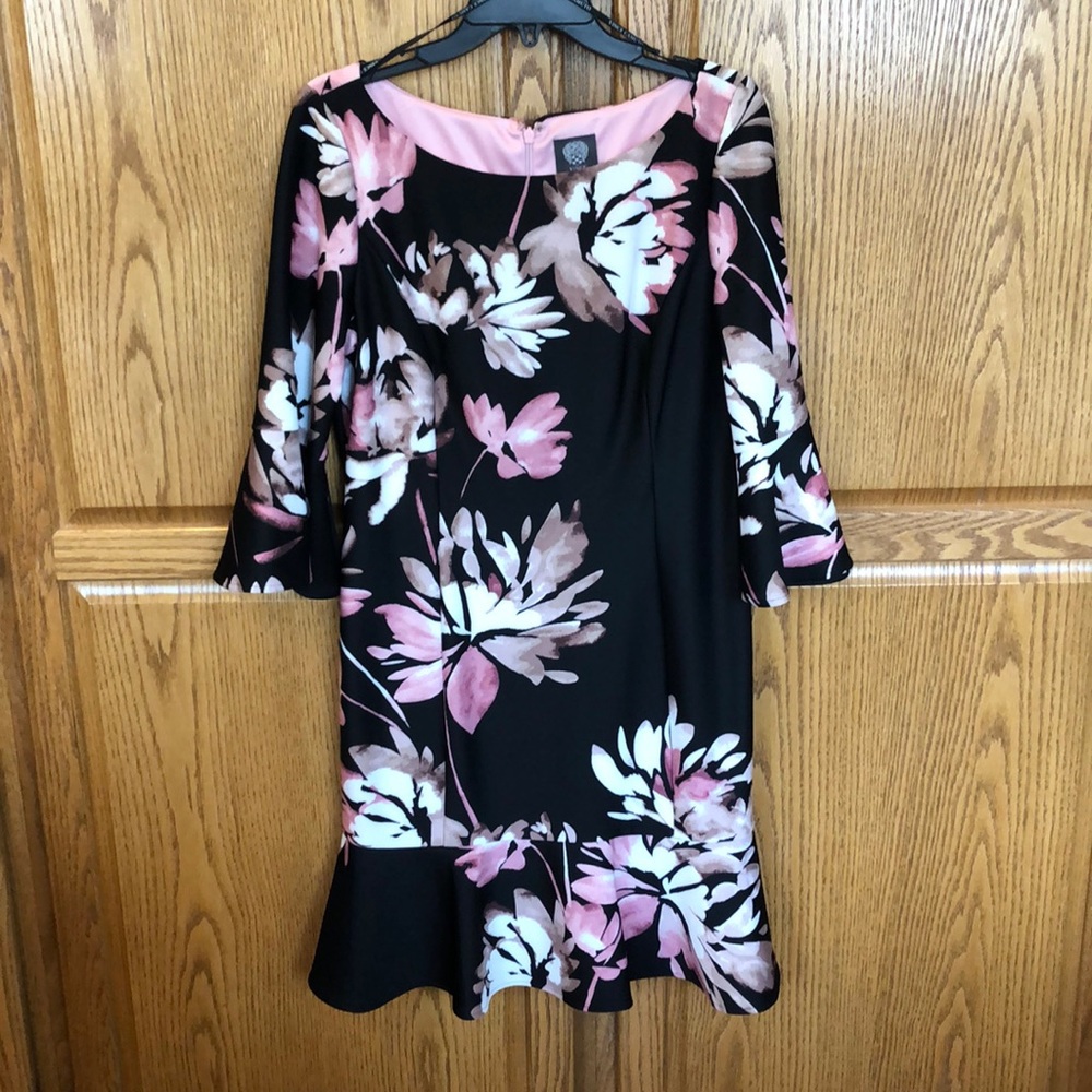 Vince Camino black floral dress with bell sleeves.